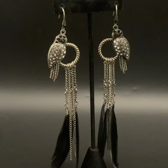 Parrot Black Feather Chandelier Dangle Statement Earrings Rhinestone Chain Link - Picture 6 of 11
